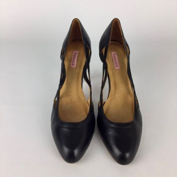 Samanta Womens Black Leather Pumps Heels Side Cutout Stacked Heel size 6 - Picture 2 of 15